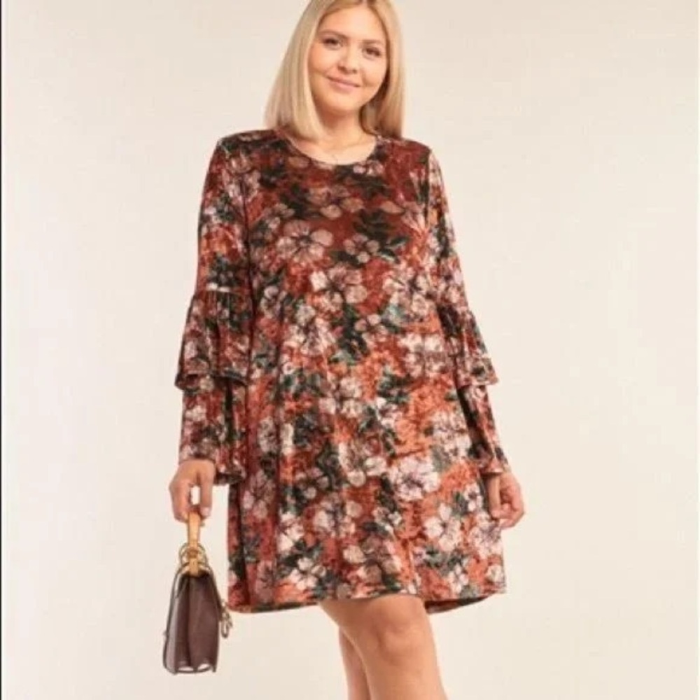 Love Riche | Rust Floral Velvet Layered Hem Sleeve Mini Dress Size 1X